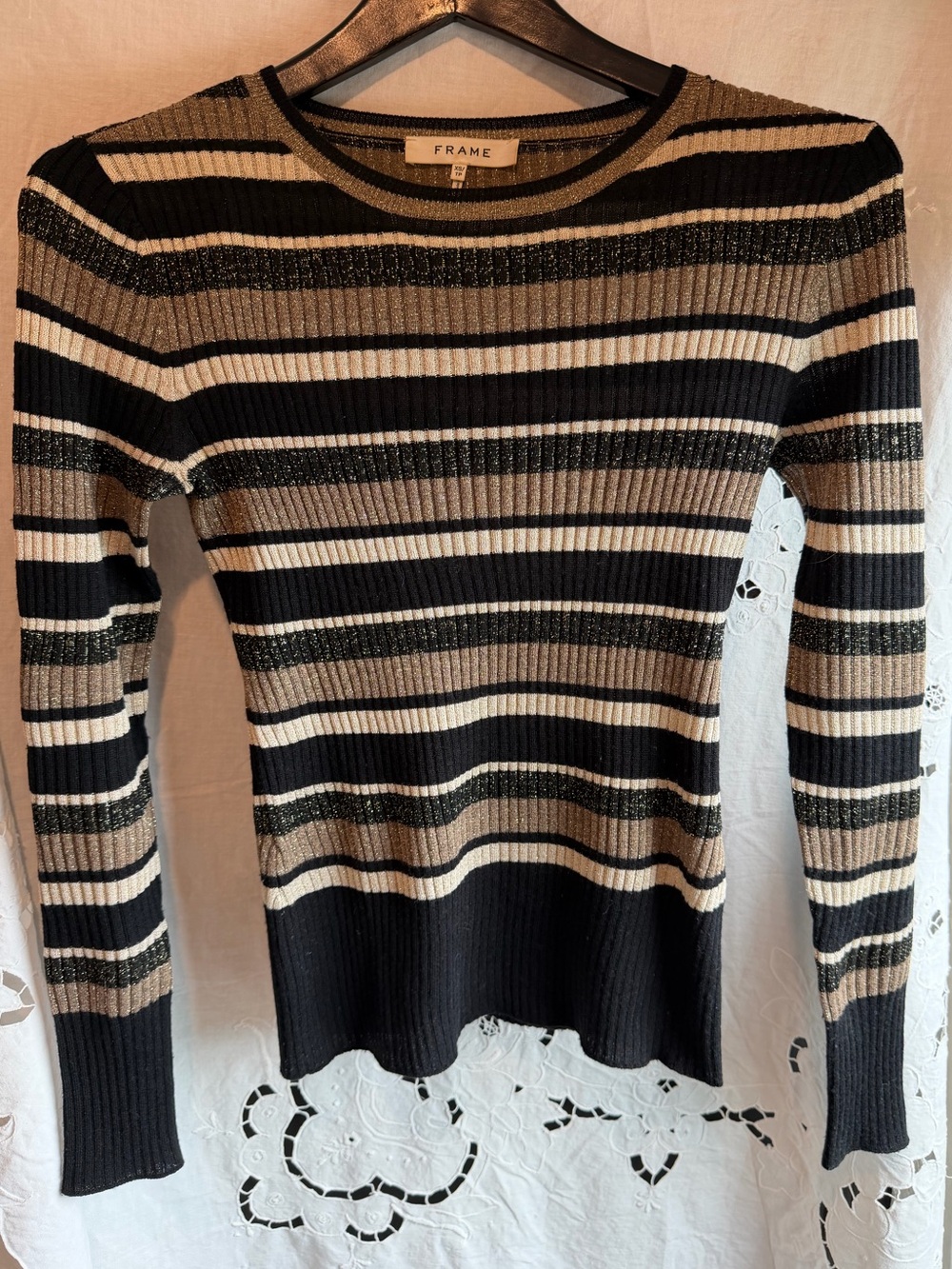 FRAME Metallic Stripe Ribbed Sweater XS Gold Multi Black Wool Blend Crewneck Y2K